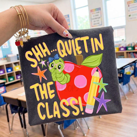 Shh Quiet in the Class Teacher DTF Transfer, colorful classroom heat transfer with a cartoon apple, worm character, pencil, and playful stars design on a black fabric bag.