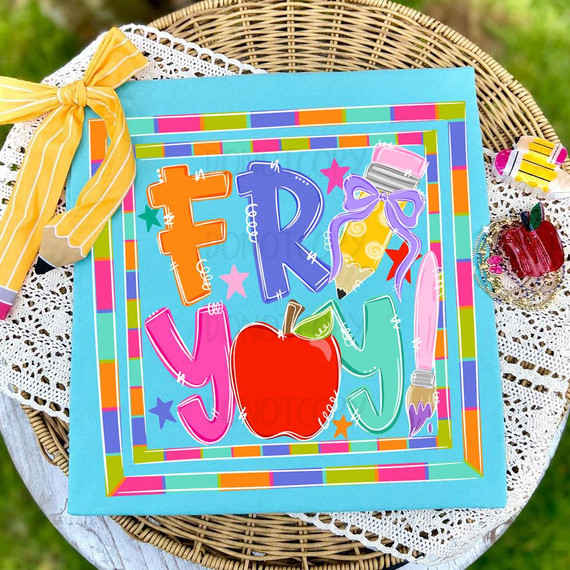 Fri-Yay Teacher DTF Transfer | Apple Pencil Paintbrush Colorful School Heat Transfer, vibrant and playful educational design for teachers and students.