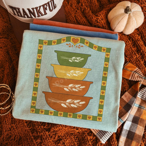 Vintage stacked Pyrex-style mixing bowls DTF transfer with wheat design and heart quilted border in retro fall colors