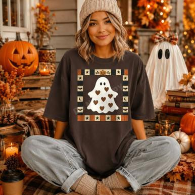 Patchwork Ghost Halloween DTF Transfer with Cozy Plaid Heart Design, showcasing a festive Halloween themed craft transfer design.