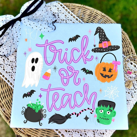 Trick or Teach Halloween DTF transfer with purple hand-lettered script, ghost, witch hat, jack-o-lantern, cauldron, broom, and Frankenstein graphics