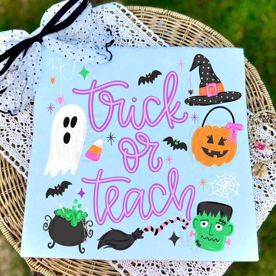 Trick or Teach Halloween DTF Transfer, cute teacher Halloween design with ghost, witch's hat, pumpkin, Frankenstein's monster, broomstick, and bats on a light blue background.
