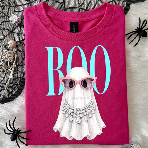 Boo Ghost DTF Transfer, Glam Halloween Design with Sunglasses & Jeweled Necklace on a pink T-shirt.