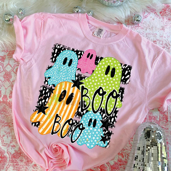 Boo Boo patterned ghosts Halloween DTF transfer with polka dot, striped, and star ghost designs on a black and white background