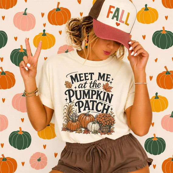 Meet Me at the Pumpkin Patch BLACK DTF Transfer | Retro Fall Design, featuring a woman wearing a t-shirt with pumpkin and fall-themed graphics and a cap with colorful fall letters.