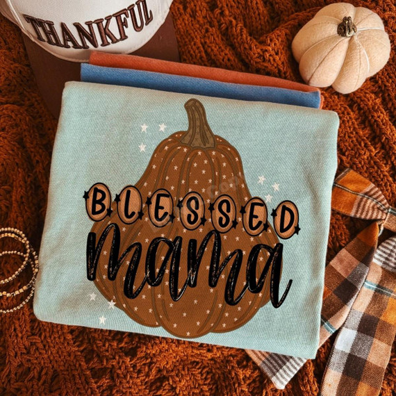 Blessed Mama Pumpkin DTF Transfer Fall Mom Design on fabric, seasonal autumn design with pumpkin and decorative text.