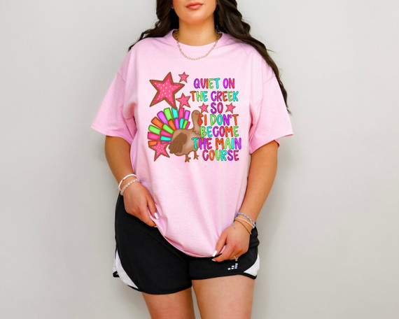 Quiet On The Creek So I Don't Become The Main Course DTF transfer with colorful hand-drawn turkey and pink stars