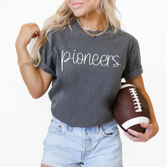Pioneers minimalist script DTF transfer in white lettering on a dark heather shirt, designed for football game day style