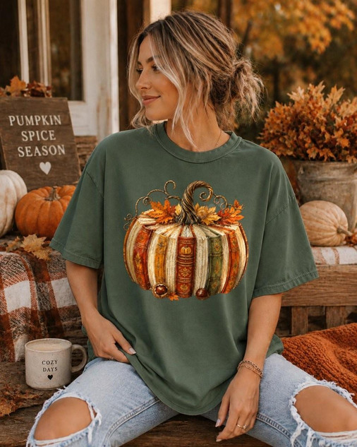 Book Pumpkin DTF Transfer Vintage Fall Books Autumn Design, product featuring a pumpkin decorated with vintage book covers and autumn foliage.