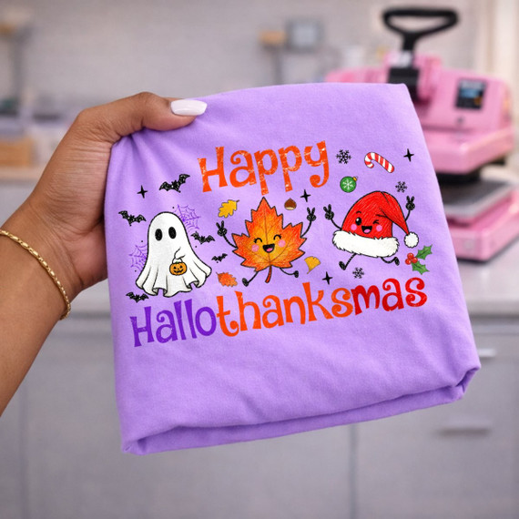 Happy Hallothanksmas DTF transfer with a cute ghost, smiling autumn leaf, and Santa hat character celebrating Halloween, Thanksgiving, and Christmas together