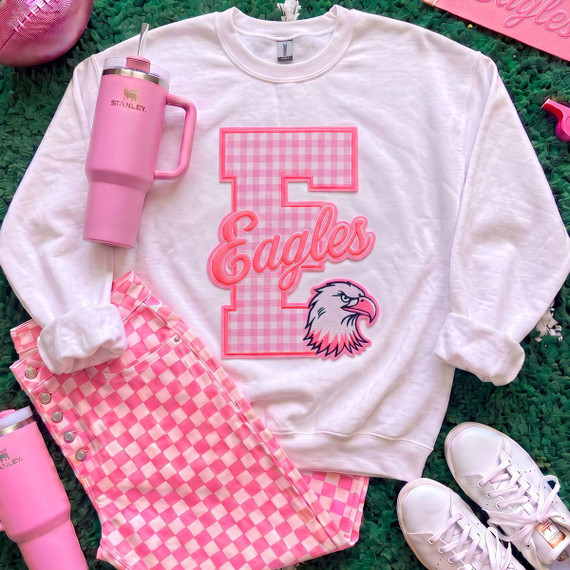 Pink Gingham Eagles Appliqué Embroidered Patch, a clothing patch featuring a pink checkered pattern with an embroidered eagle's head and the word Eagles in pink script.
