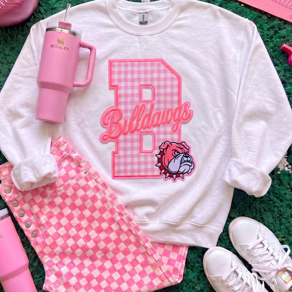 Pink Gingham Bulldawgs Appliqué Embroidered Patch, a pink and white checkered bulldog patch with the word 'Bulldawgs' in pink cursive.