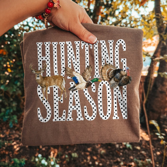 Hunting Season DTF transfer with polka dot lettering, whitetail deer, flying mallard duck, and wild turkey graphics
