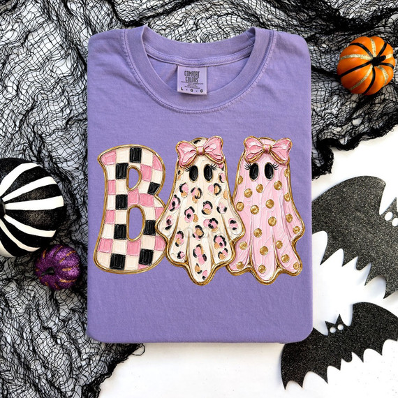 Faux-painted BOO Halloween DTF transfer with checkered letter and pink leopard and polka dot ghost characters wearing bows