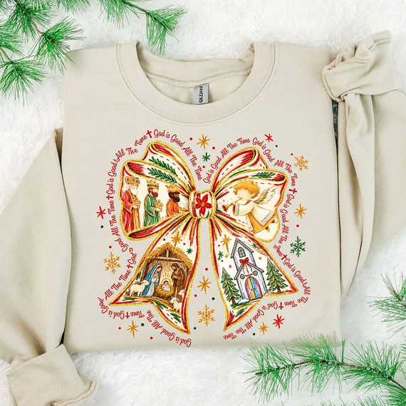 God is Good All the Time nativity bow DTF transfer with wise men, angel, manger scene, and church illustrations in a vintage Christmas bow design
