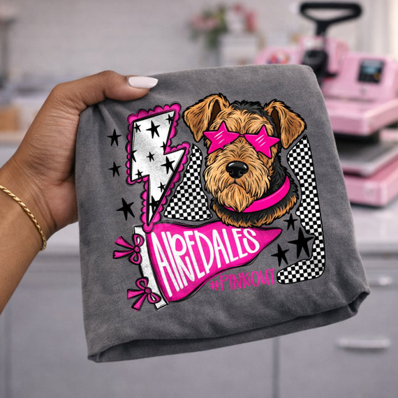 Airedales mascot DTF transfer with pink star sunglasses, lightning bolt, and checkered accents in retro pink out style