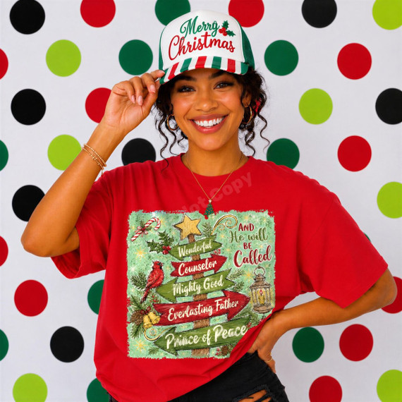 Christmas DTF transfer with rustic tree sign-post design featuring 'Wonderful Counselor, Mighty Good, Everlasting Father, Prince of Peace' and 'And He Will Be Called' lettering, cardinal, and holly accents