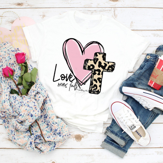 Love never fails Leopard Cross heart Corinthians Sublimation Transfer