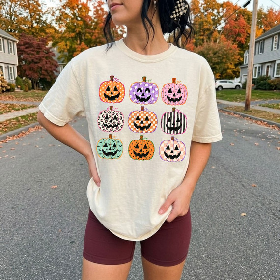 Preppy jack-o'-lantern pumpkin grid DTF transfer with nine pumpkins in checkered, polka dot, leopard, and striped patterns