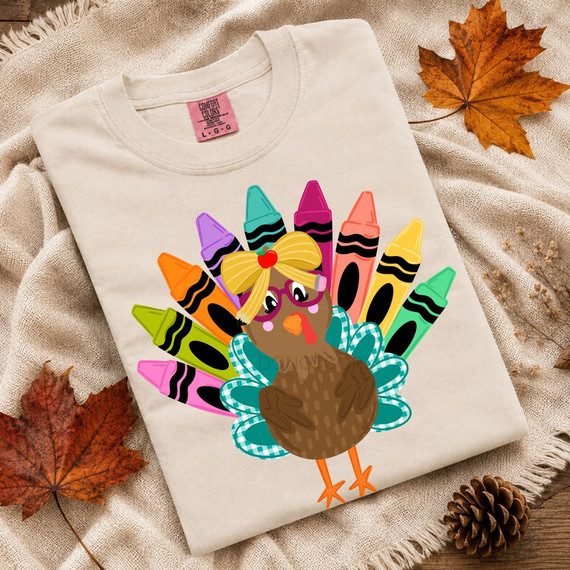 Turkey Crayons DTF transfer featuring a girly turkey with bow and glasses surrounded by colorful fanned crayon feathers