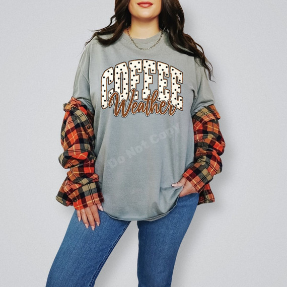 Coffee Weather DTF transfer with polka dot arched lettering and brown script text in a cozy fall design
