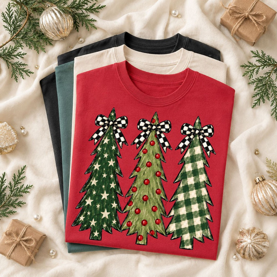 Three Christmas trees DTF transfer with checkered bows, star, ornament, and buffalo plaid patterns on a red shirt