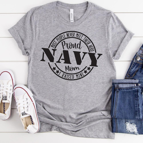 Proud Navy Mom Military Screen Print Heat Transfer, a gray t-shirt with a Navy-themed design and text.