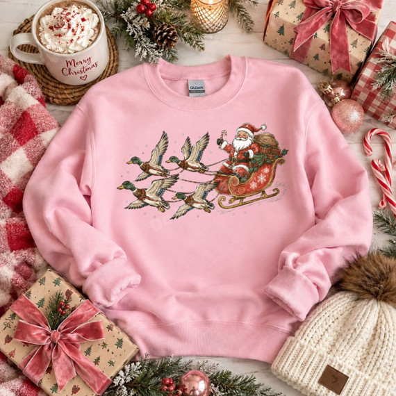 Santa Claus wild duck DTF transfer featuring Santa in his sleigh pulled by a flock of flying mallard ducks