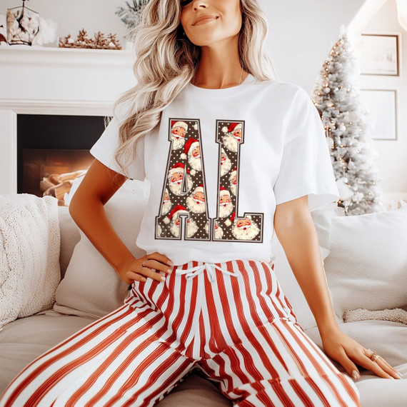 AL state abbreviation DTF transfer with vintage Santa Claus faces and polka dot pattern filling the letters