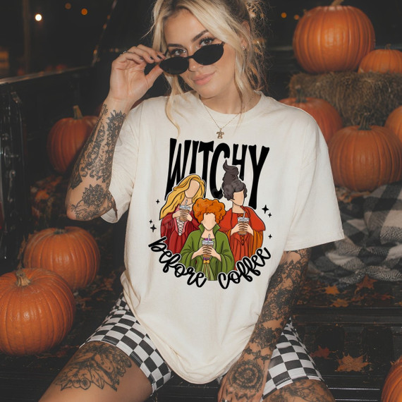Witchy Before Coffee DTF transfer with three illustrated witch sisters holding iced coffees and bold script lettering