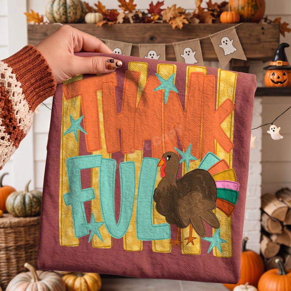 Thankful DTF transfer with retro orange and teal lettering and a brown turkey graphic in a vintage Thanksgiving style