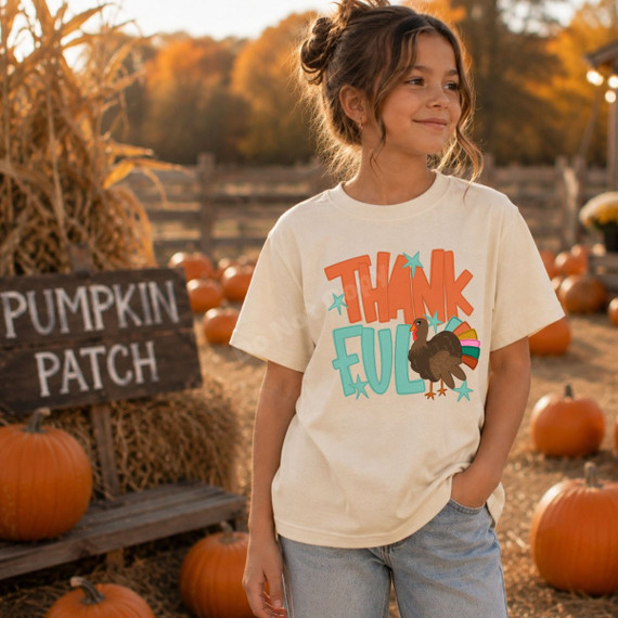 Thankful DTF transfer with bold retro lettering, stars, and a colorful cartoon turkey design