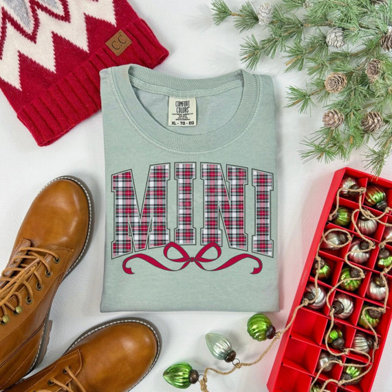 MINI plaid varsity letters DTF transfer with red bow accent, designed for matching mommy and me holiday shirts