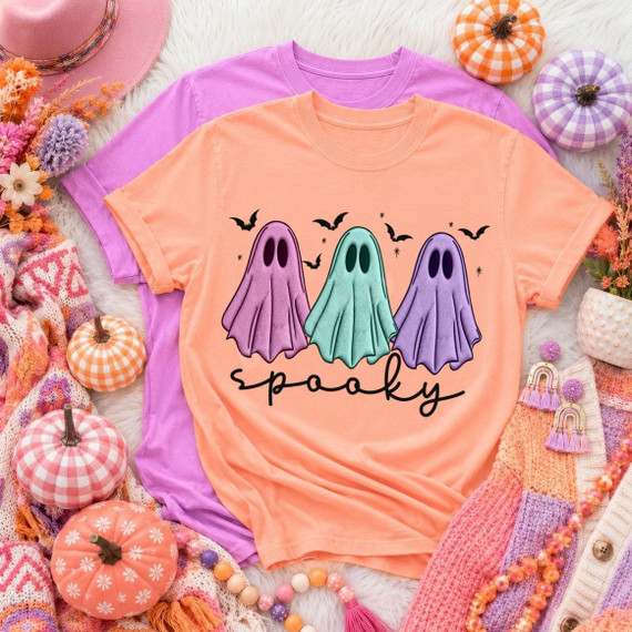 Spooky Halloween DTF transfer with three pastel ghosts in purple, teal, and lavender, bats, and hand-lettered 'spooky' script text