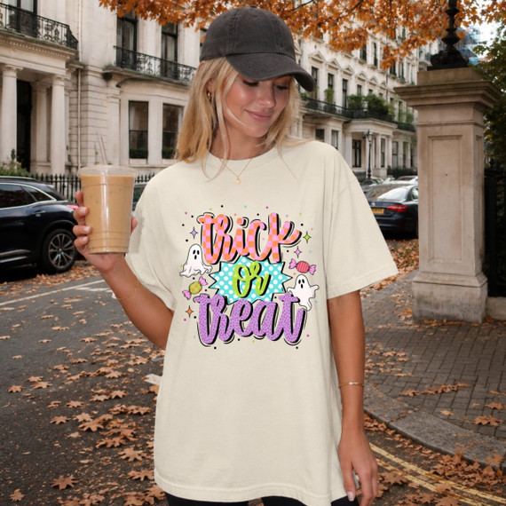 Trick or Treat Halloween DTF transfer with colorful retro lettering, polka dot starburst, ghosts, and candy graphics