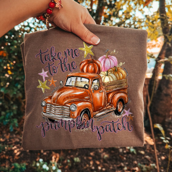 Take Me To The Pumpkin Patch DTF transfer with vintage orange truck hauling pumpkins and colorful stars
