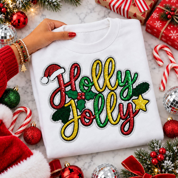 Holly Jolly sequin Christmas patch with red green and gold lettering, Santa hat, holly and silver glitter backing