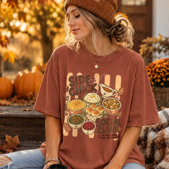 Side Chick Social Club Thanksgiving DTF transfer with illustrated mashed potatoes, mac and cheese, green beans, cranberry sauce, dinner rolls, and gravy, with the tagline I'm Just Here For The Sides