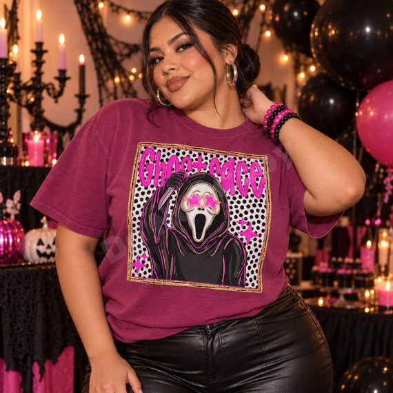 Ghostface Halloween DTF transfer with hooded killer wearing pink star-shaped glasses, polka dot background, and gold glitter border Shown on a Berry t-shirt.