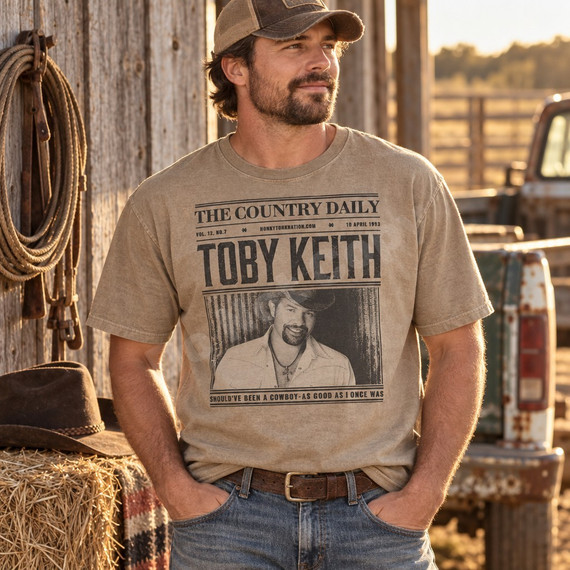 Toby Keith DTF transfer designed as a vintage newspaper front page with distressed photo and 'Should've Been a Cowboy - As Good As I Once Was' headline Shown on a Hemp t-shirt.
