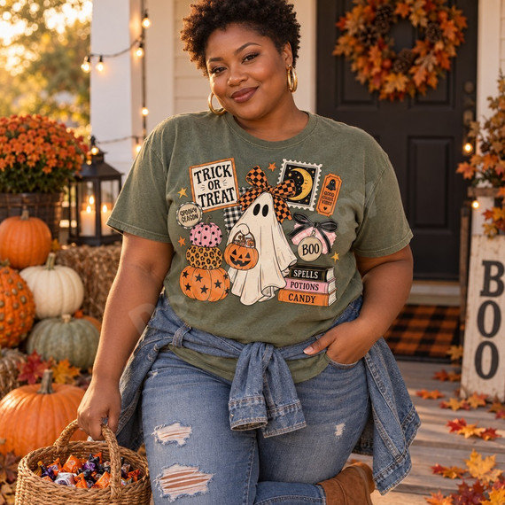 Retro Halloween DTF transfer with a cute ghost in a checkered bow, jack-o-lantern candy bucket, stacked pumpkins, spell books, and Trick or Treat badge-style stickers Shown on a Moss t-shirt.