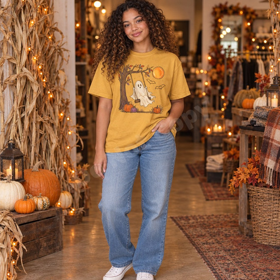 Friendly ghost swinging from a tree branch DTF transfer with glowing orange moon, bats, and pumpkins in a vintage fall Halloween style Shown on a Mustard t-shirt.