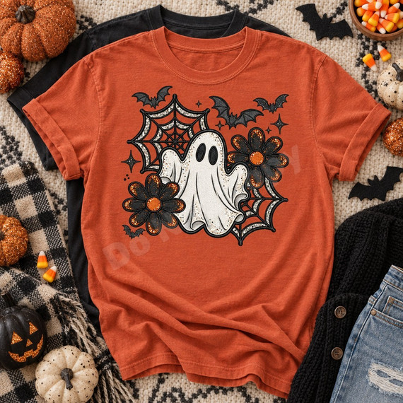Spooky-cute ghost DTF transfer with glitter-style stitching, black lace spiderwebs, bats, stars, and orange daisy flowers in a Halloween patch design Shown on a Paprika t-shirt.