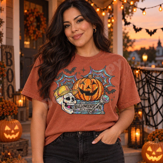 Halloweentown DTF transfer with glittery jack-o-lantern, stone marker, spider webs, bats, and a grinning skull in a yellow trucker hat holding a glowing staff Shown on a Terracotta t-shirt.