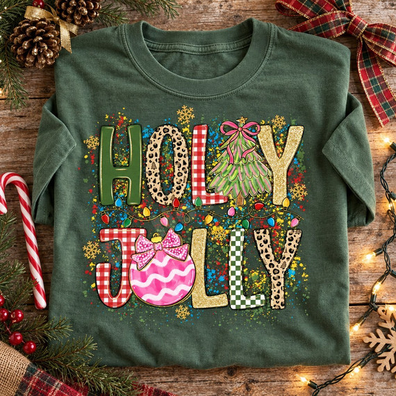 Holly Jolly Christmas DTF transfer with leopard print, plaid, and checkered lettering, Christmas lights, a pink-bowed tree, pink ornament, and gold glitter snowflakes Shown on a Moss t-shirt.