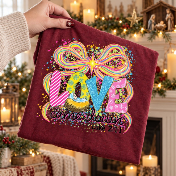Love Came Down Luke 2:11 Christmas DTF transfer with colorful patterned block letters, baby Jesus in a manger inside the O, and a rainbow ribbon bow with starburst Shown on a Wine t-shirt.
