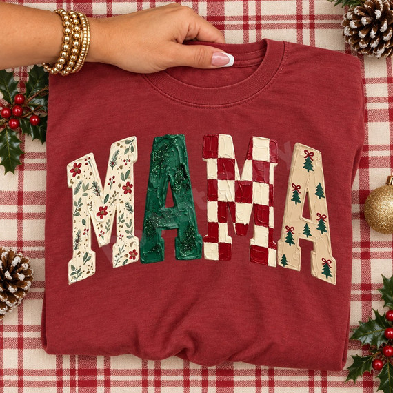 MAMA Christmas DTF transfer with four textured letters featuring holiday floral, glitter green, checker print, and Christmas tree designs Shown on a Brick t-shirt.