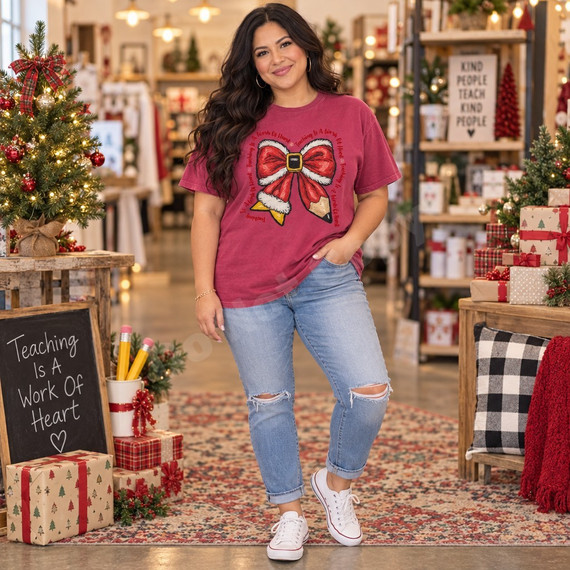 Teaching Is A Work Of Heart DTF transfer with a yarn-textured Christmas bow, white fur trim, gold buckle center, and pencil-tip tail surrounded by red script text Shown on a Berry t-shirt.