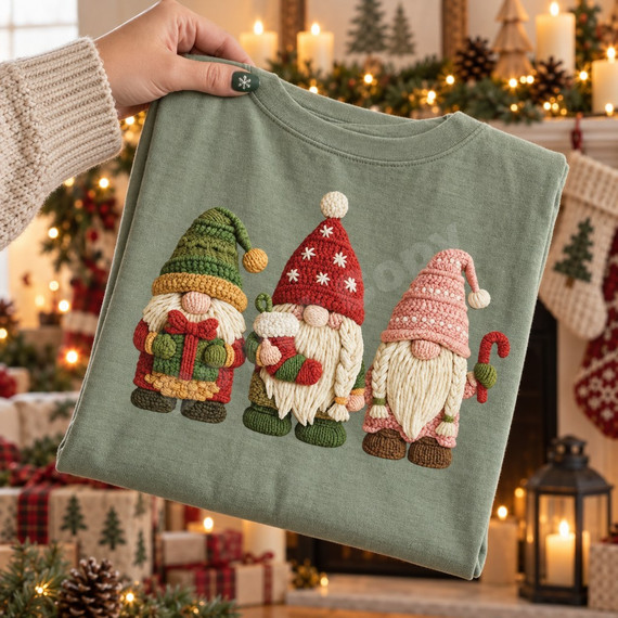 Three crochet-textured Christmas gnome DTF transfer in green, red, and pink outfits holding a gift, stocking, and candy cane Shown on a Sage t-shirt.