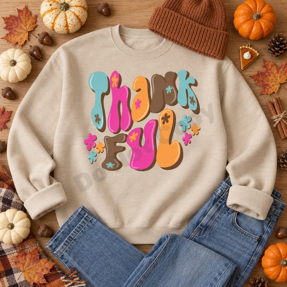 Thankful DTF transfer in retro 70s-style puffy bubble letters with teal, pink, orange, and brown colors and daisy flower accents Shown on a Sand crewneck sweatshirt.